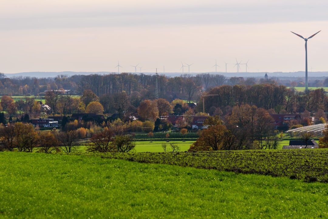 Danish countryside with a windmill and farmland