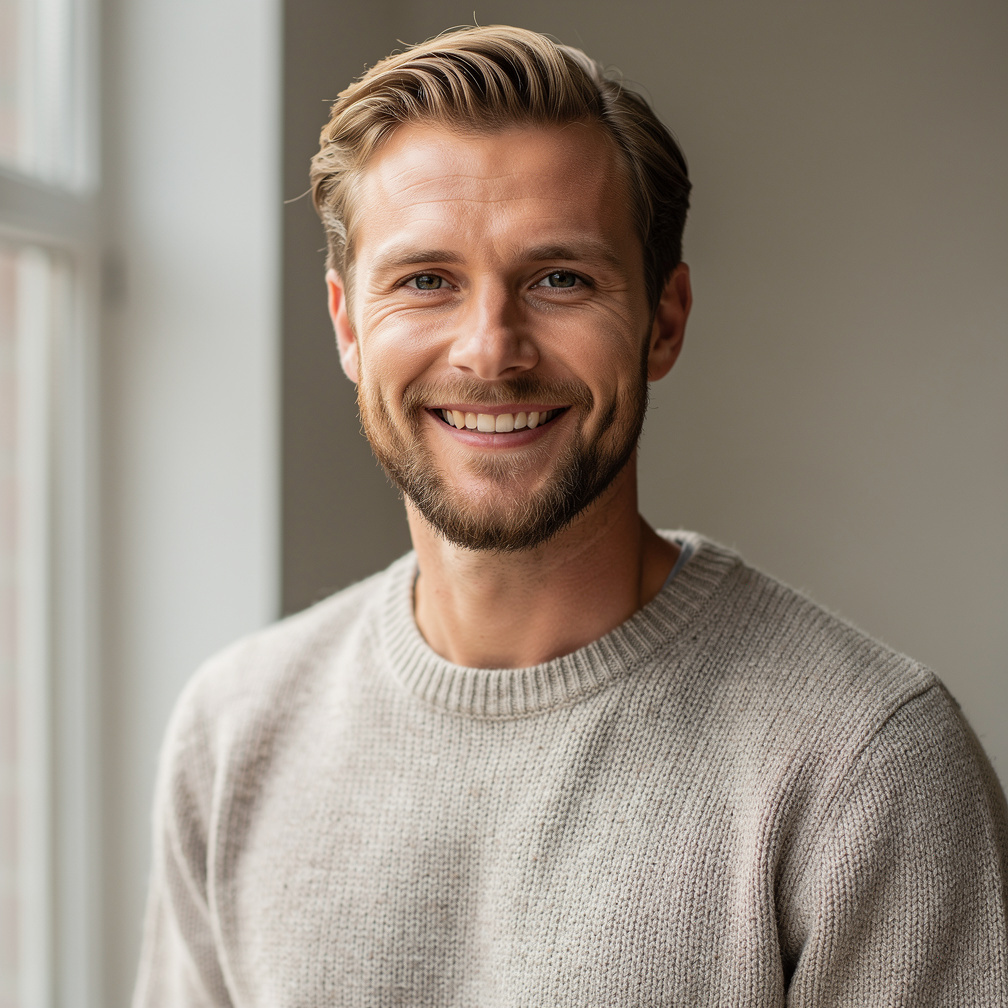 Danish man smiling in a knit sweater