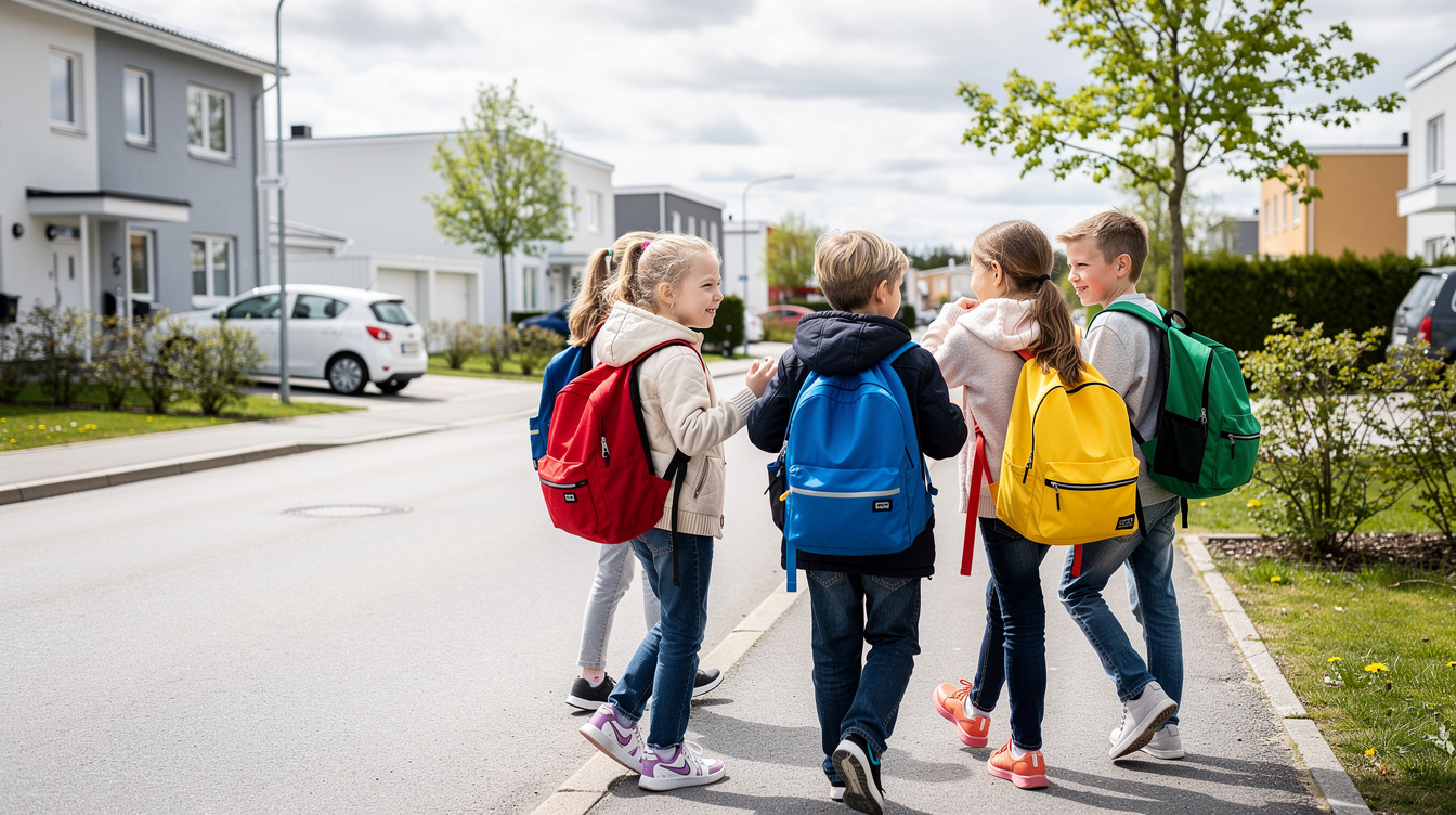 Scandinavian children walking to school with backpacks